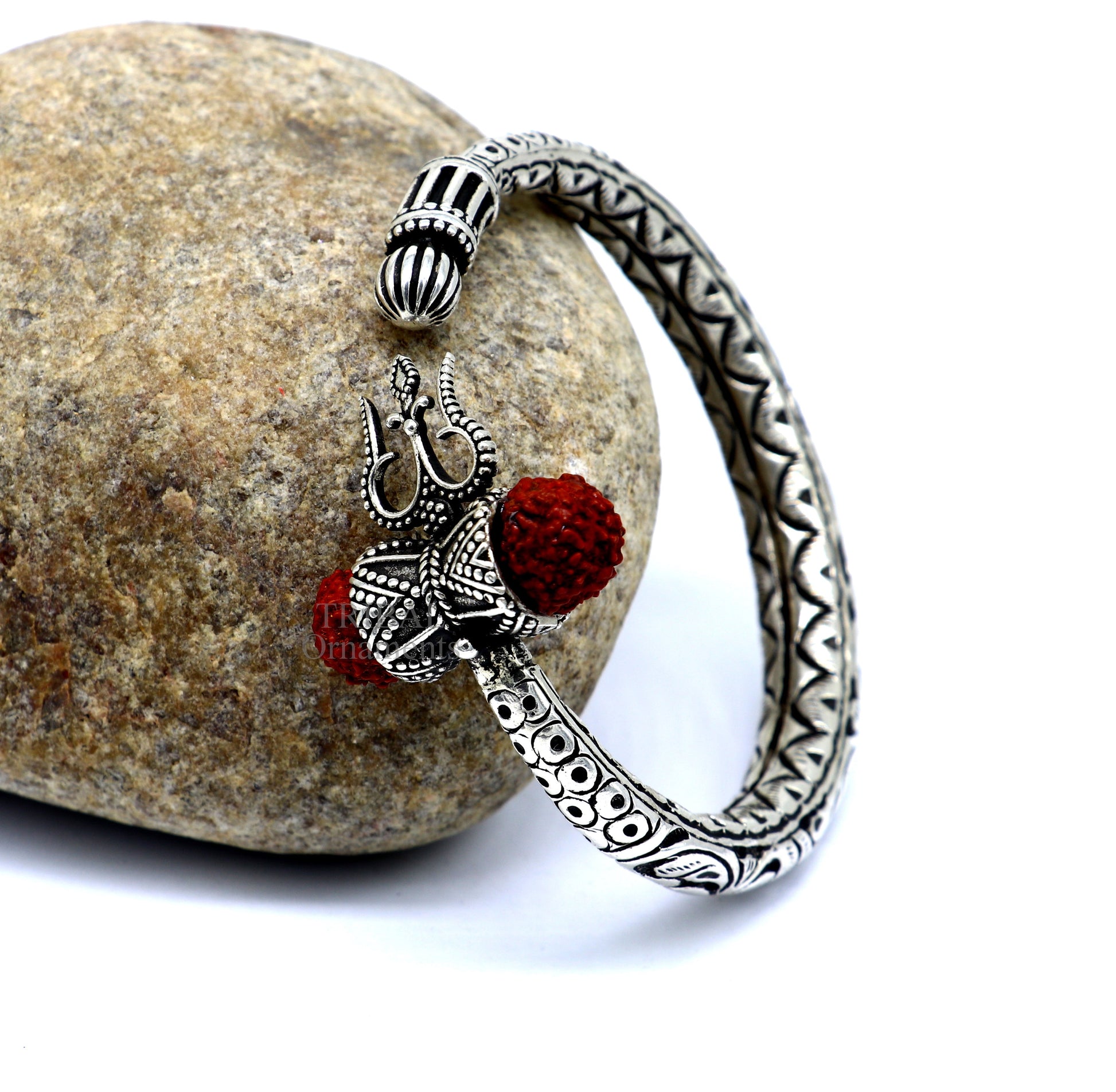 925 Sterling silver handmade chitai work Lord Shiva trident trishul kada bangle bracelet with natural Rudraksha customized kada nssk757 - TRIBAL ORNAMENTS