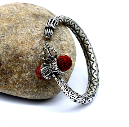 925 Sterling silver handmade chitai work Lord Shiva trident trishul kada bangle bracelet with natural Rudraksha customized kada nssk757 - TRIBAL ORNAMENTS