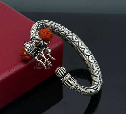 925 Sterling silver handmade chitai work Lord Shiva trident trishul kada bangle bracelet with natural Rudraksha customized kada nssk757 - TRIBAL ORNAMENTS