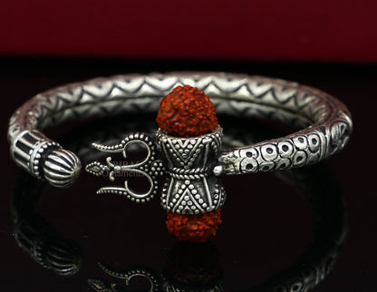 925 Sterling silver handmade chitai work Lord Shiva trident trishul kada bangle bracelet with natural Rudraksha customized kada nssk757 - TRIBAL ORNAMENTS