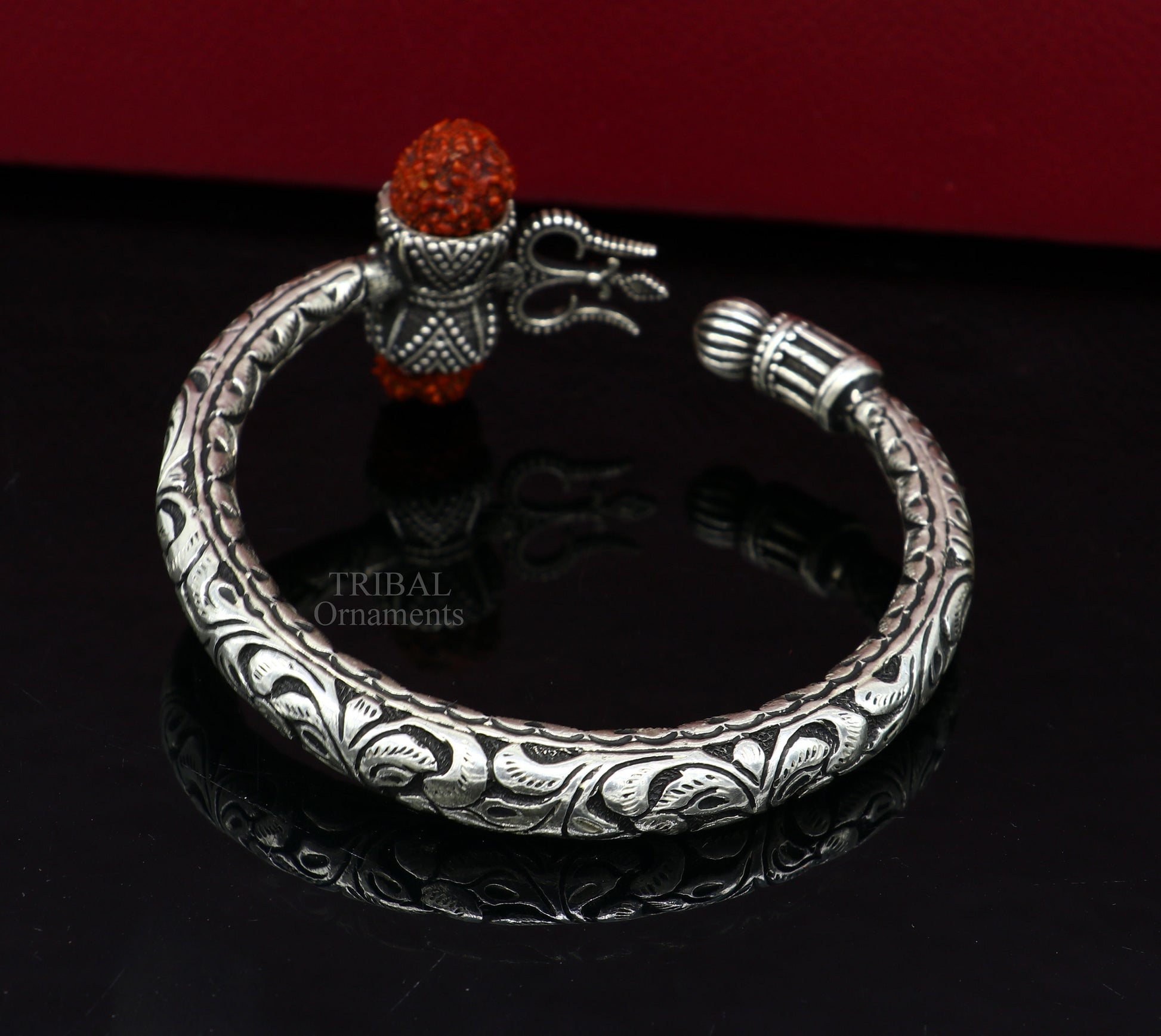 925 Sterling silver handmade chitai work Lord Shiva trident trishul kada bangle bracelet with natural Rudraksha customized kada nssk757 - TRIBAL ORNAMENTS