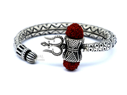 925 Sterling silver handmade chitai work Lord Shiva trident trishul kada bangle bracelet with natural Rudraksha customized kada nssk757 - TRIBAL ORNAMENTS