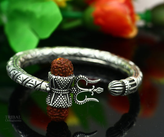 925 Sterling silver handmade chitai work Lord Shiva trident trishul kada bangle bracelet with Rudraksha beads customized kada bangle nsk423 - TRIBAL ORNAMENTS