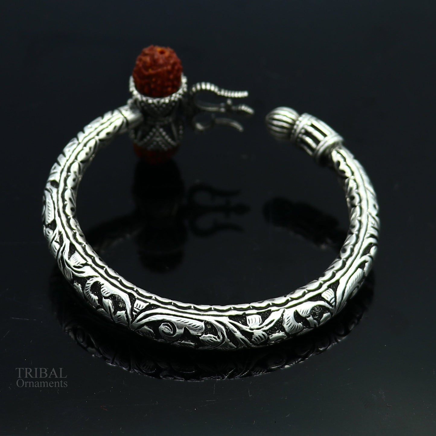925 Sterling silver handmade chitai work Lord Shiva trident trishul kada bangle bracelet with Rudraksha beads customized kada bangle nsk423 - TRIBAL ORNAMENTS