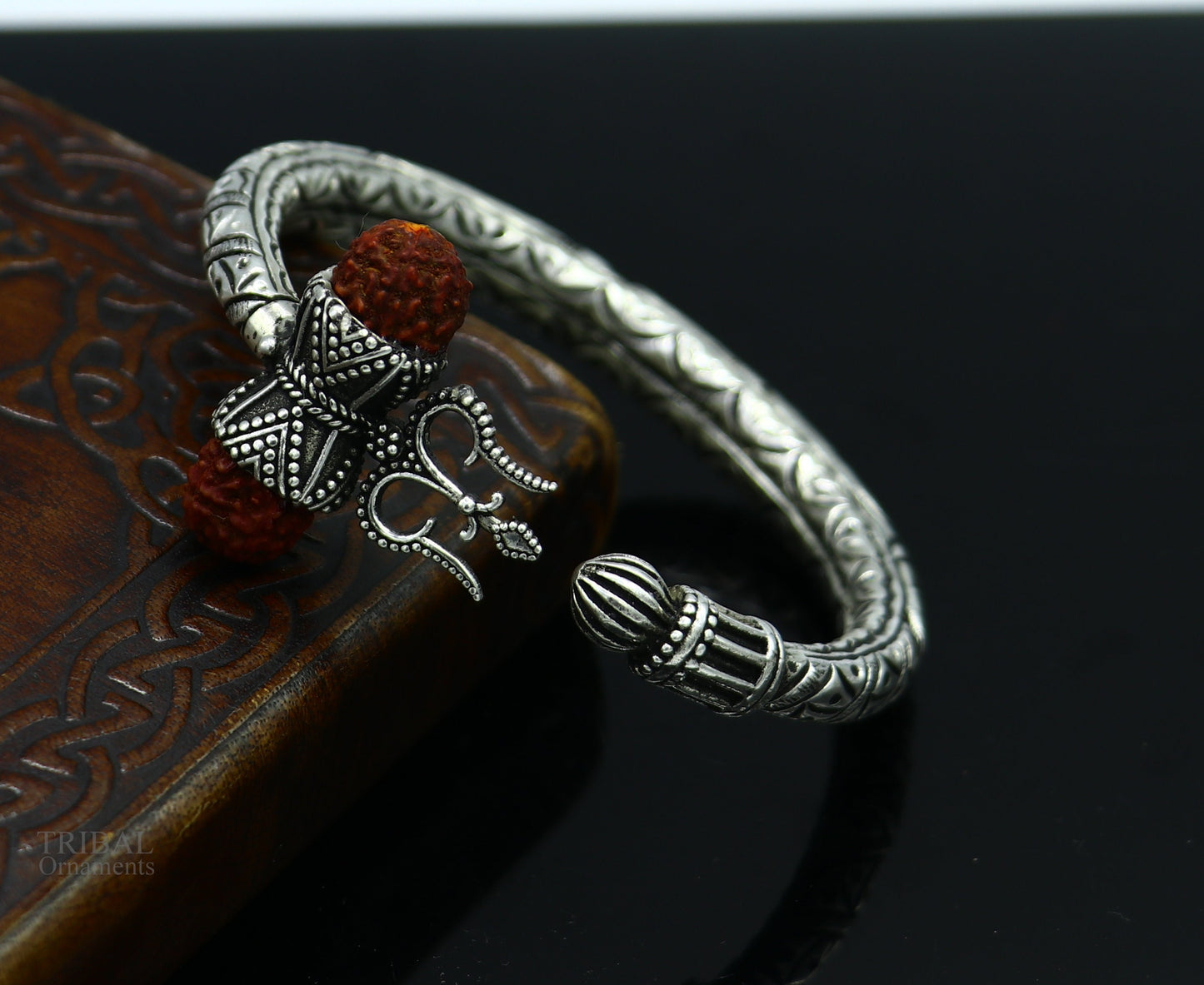 925 Sterling silver handmade chitai work Lord Shiva trident trishul kada bangle bracelet with Rudraksha beads customized kada bangle nsk423 - TRIBAL ORNAMENTS