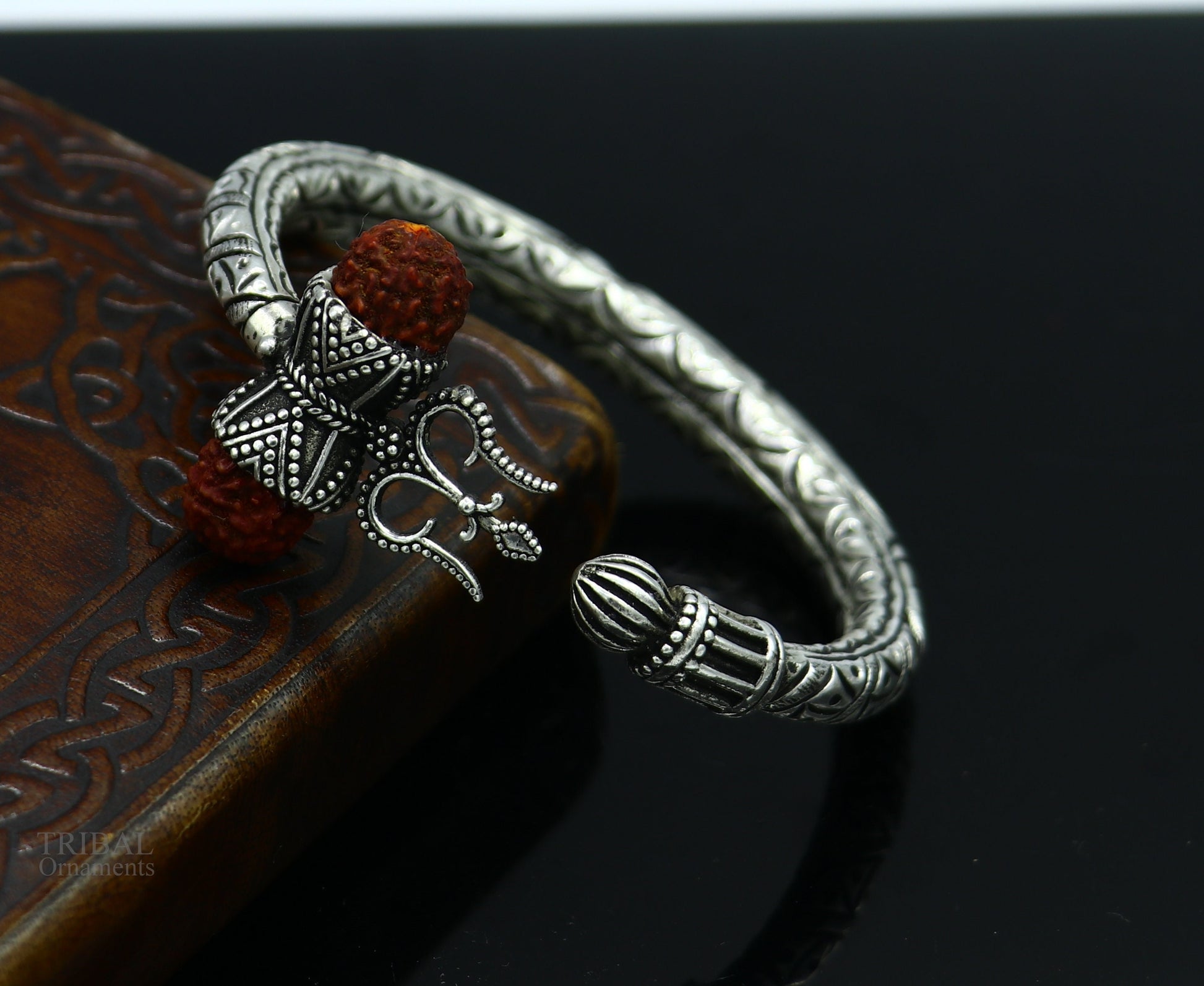 925 Sterling silver handmade chitai work Lord Shiva trident trishul kada bangle bracelet with Rudraksha beads customized kada bangle nsk423 - TRIBAL ORNAMENTS