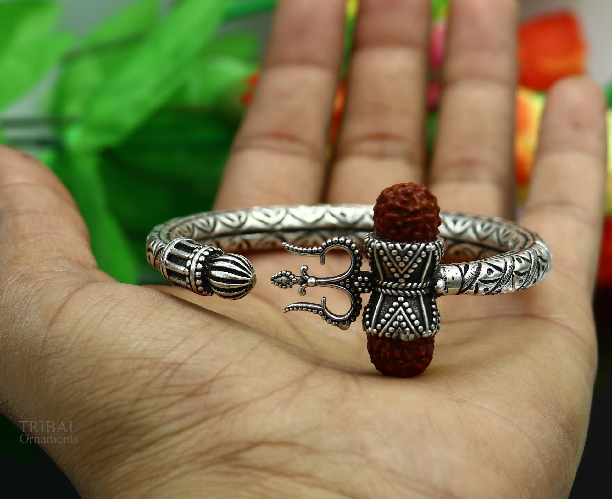 925 Sterling silver handmade chitai work Lord Shiva trident trishul kada bangle bracelet with Rudraksha beads customized kada bangle nsk423 - TRIBAL ORNAMENTS