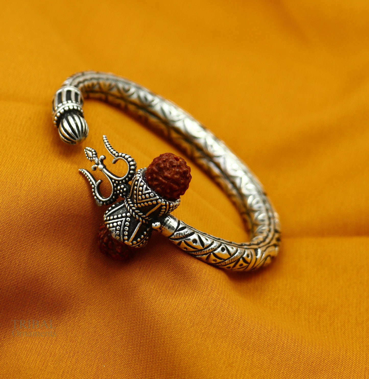 925 Sterling silver handmade chitai work Lord Shiva trident trishul kada bangle bracelet with Rudraksha beads customized kada bangle nsk423 - TRIBAL ORNAMENTS