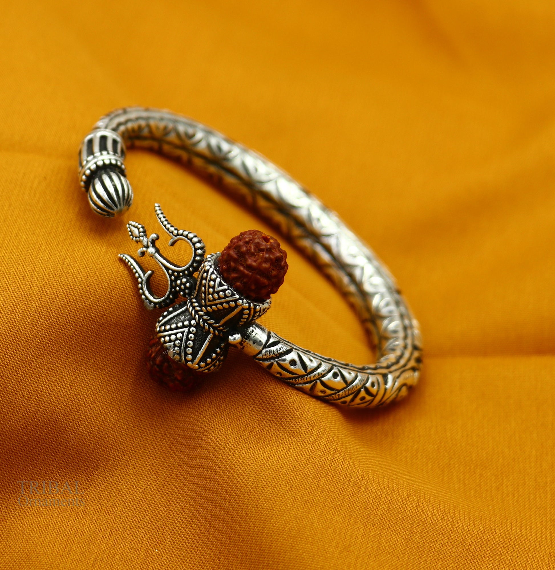 925 Sterling silver handmade chitai work Lord Shiva trident trishul kada bangle bracelet with Rudraksha beads customized kada bangle nsk423 - TRIBAL ORNAMENTS