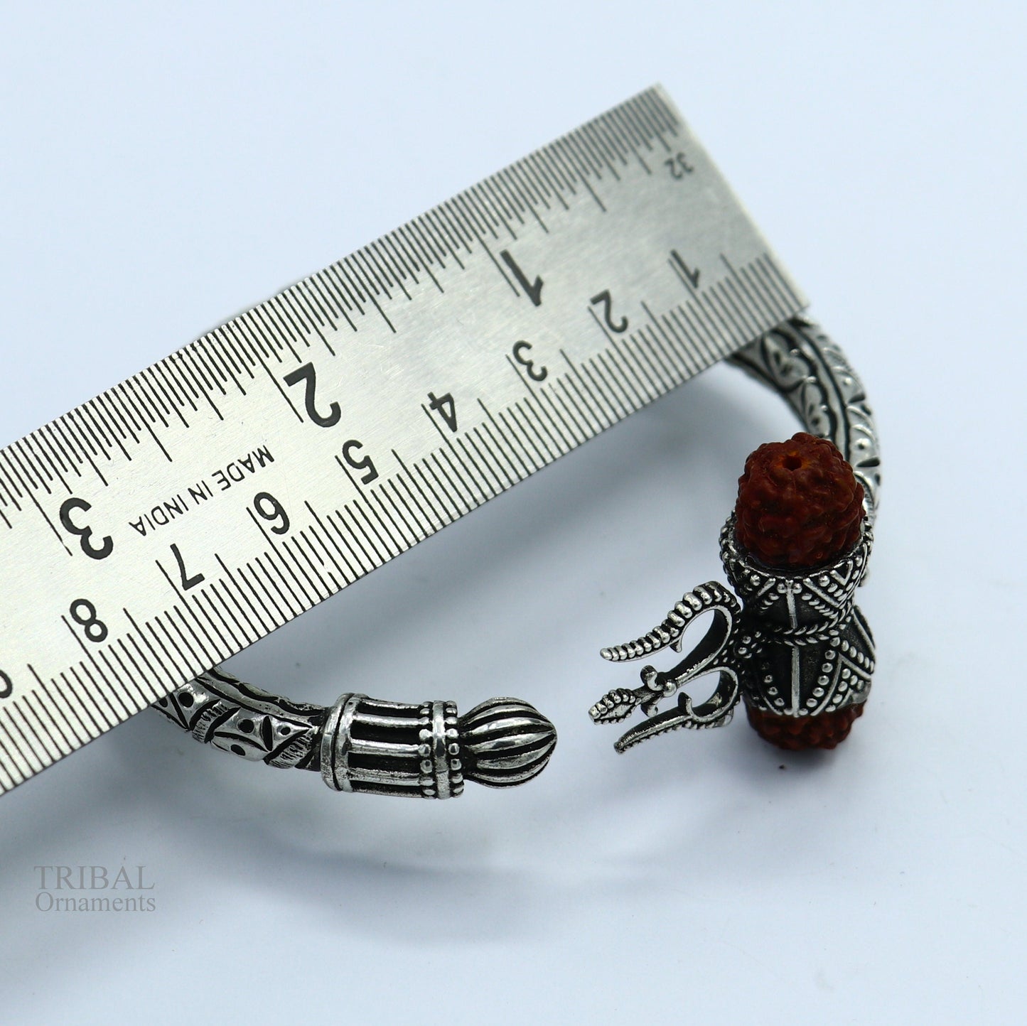 925 Sterling silver handmade chitai work Lord Shiva trident trishul kada bangle bracelet with Rudraksha beads customized kada bangle nsk423 - TRIBAL ORNAMENTS
