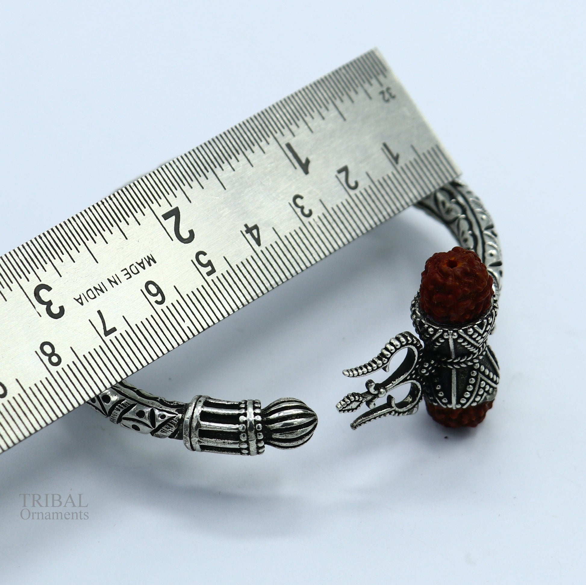 925 Sterling silver handmade chitai work Lord Shiva trident trishul kada bangle bracelet with Rudraksha beads customized kada bangle nsk423 - TRIBAL ORNAMENTS