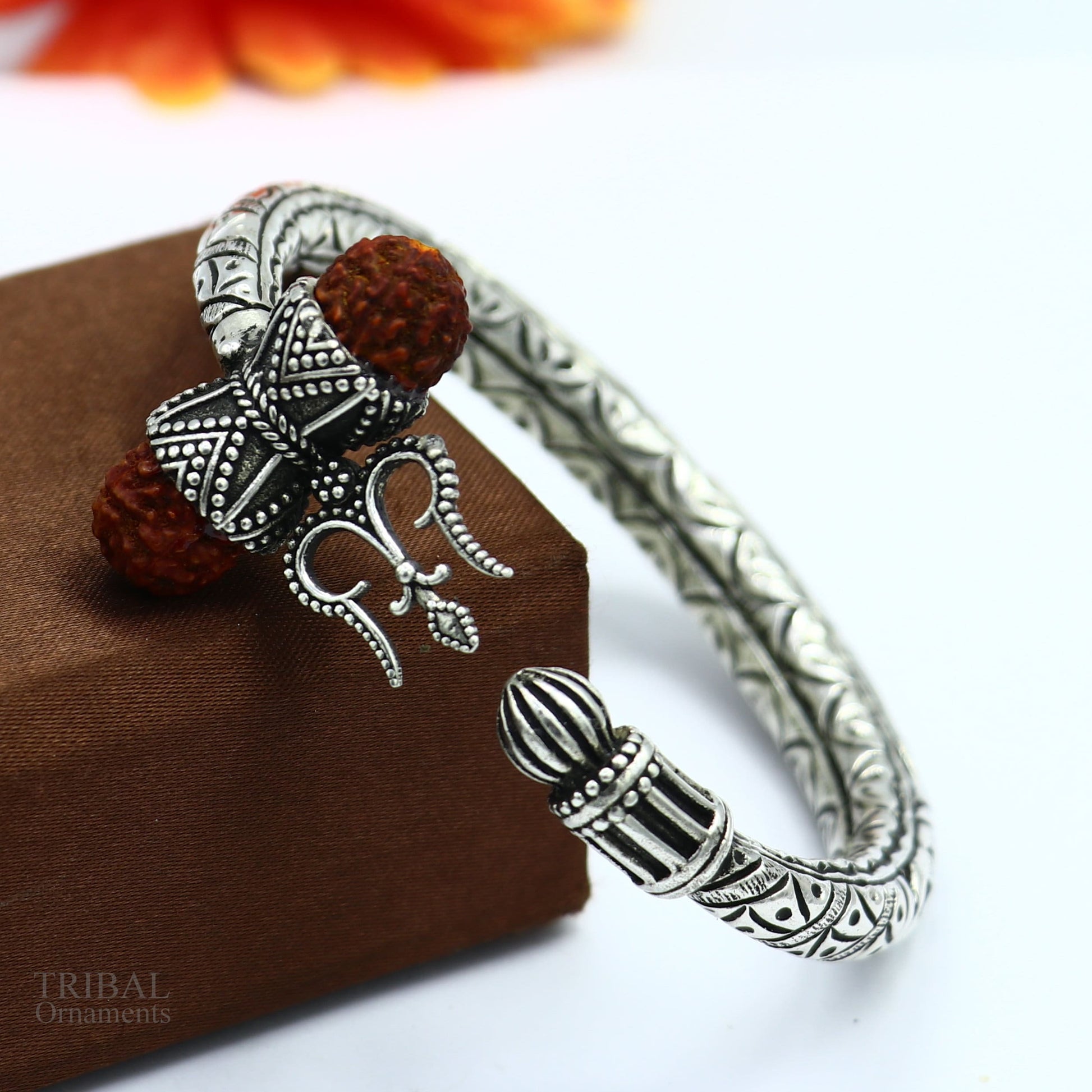 925 Sterling silver handmade chitai work Lord Shiva trident trishul kada bangle bracelet with Rudraksha beads customized kada bangle nsk423 - TRIBAL ORNAMENTS