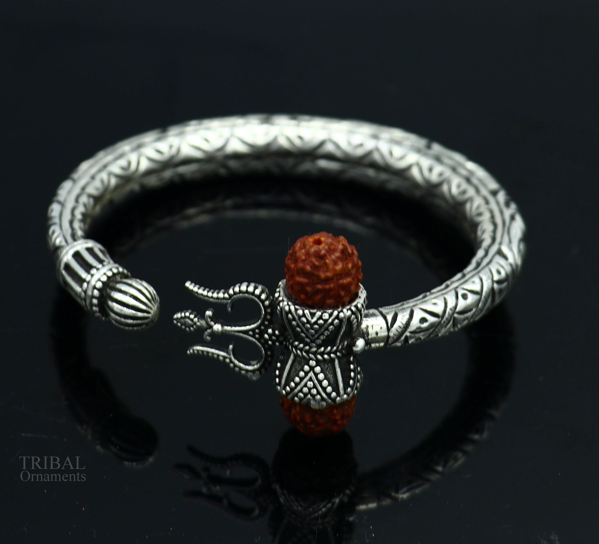 925 Sterling silver handmade chitai work Lord Shiva trident trishul kada bangle bracelet with Rudraksha beads customized kada bangle nsk423 - TRIBAL ORNAMENTS
