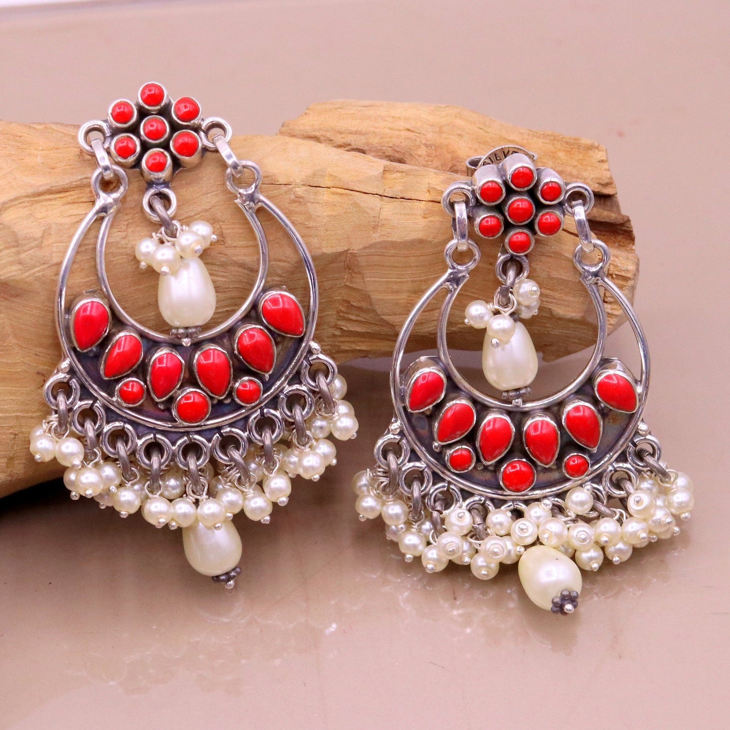 925 sterling silver handmade coral stone stud earring drop dangler , best design chandbala charm earrings hanging tiny pearl jewelry s711 - TRIBAL ORNAMENTS