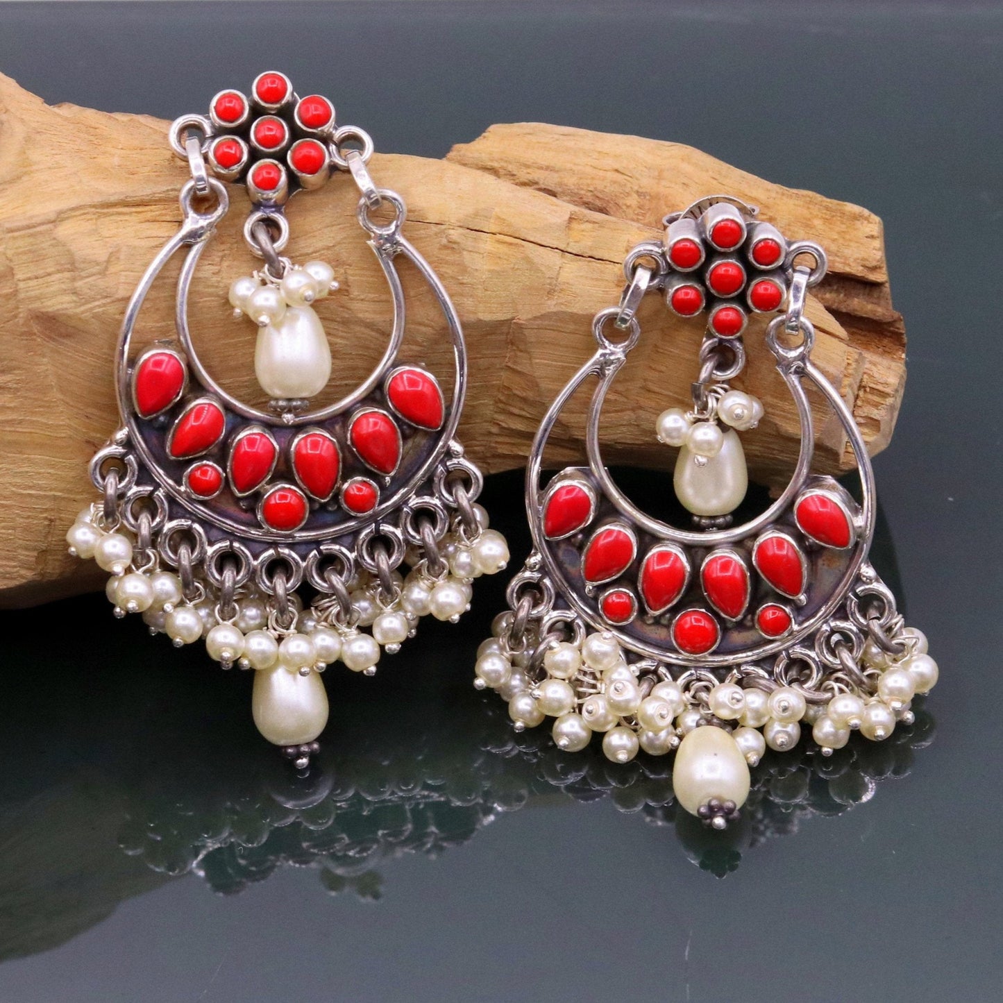 925 sterling silver handmade coral stone stud earring drop dangler , best design chandbala charm earrings hanging tiny pearl jewelry s711 - TRIBAL ORNAMENTS