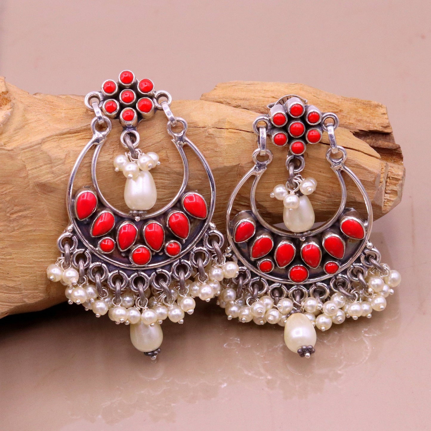 925 sterling silver handmade coral stone stud earring drop dangler , best design chandbala charm earrings hanging tiny pearl jewelry s711 - TRIBAL ORNAMENTS