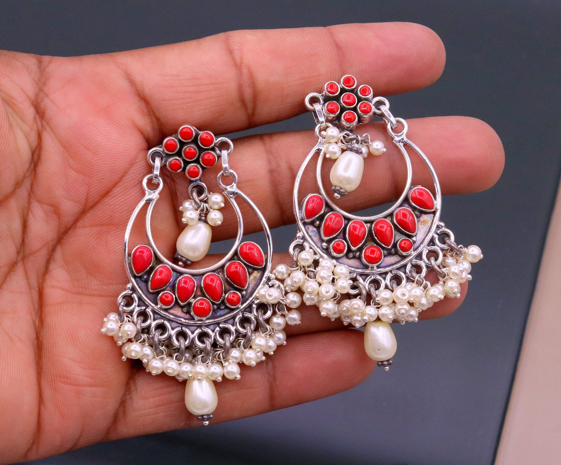 925 sterling silver handmade coral stone stud earring drop dangler , best design chandbala charm earrings hanging tiny pearl jewelry s711 - TRIBAL ORNAMENTS