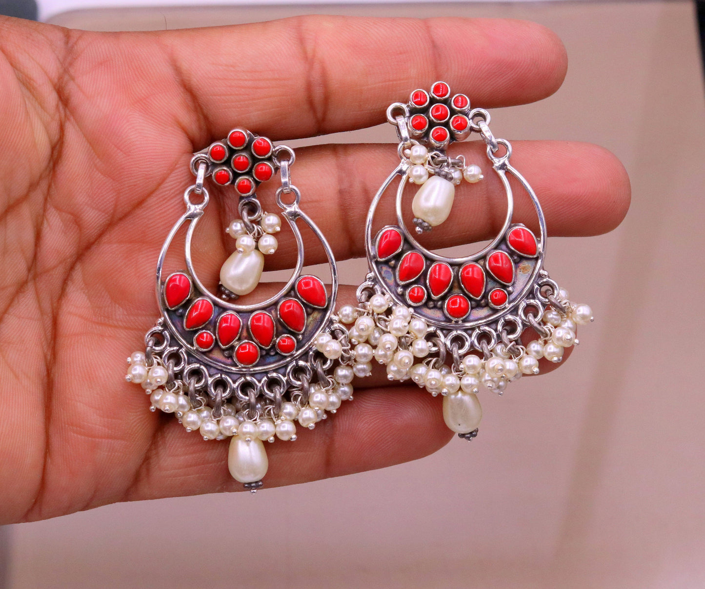 925 sterling silver handmade coral stone stud earring drop dangler , best design chandbala charm earrings hanging tiny pearl jewelry s711 - TRIBAL ORNAMENTS
