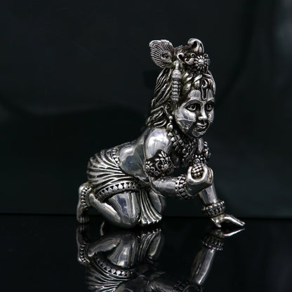 925 Sterling silver Handmade crawling Krishna Bal Gopal statue figurine, laddu gopal sculpture crawling Krishna temple silver article su210 - TRIBAL ORNAMENTS