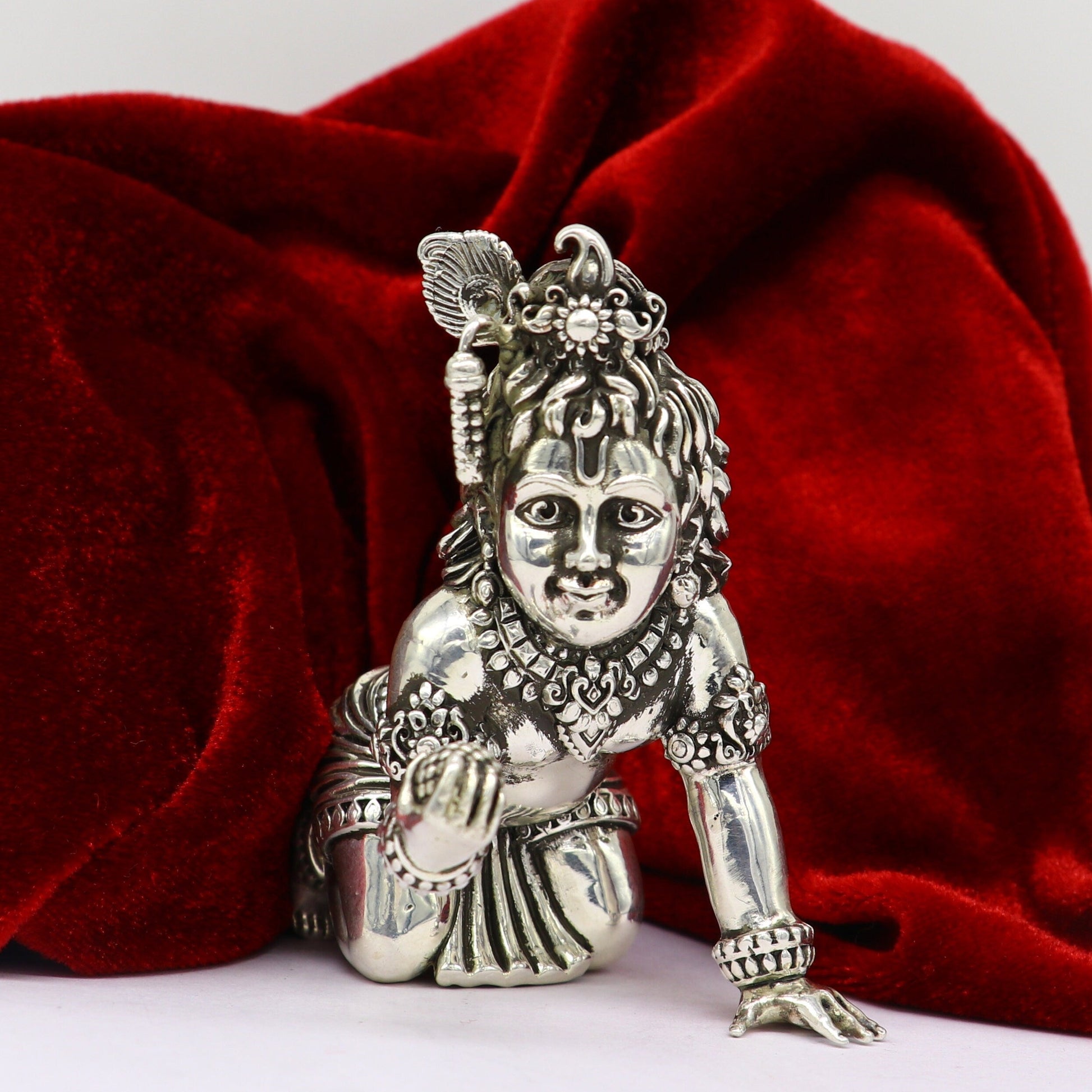 925 Sterling silver Handmade crawling Krishna Bal Gopal statue figurine, laddu gopal sculpture crawling Krishna temple silver article su210 - TRIBAL ORNAMENTS