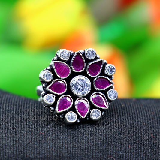 925 sterling silver handmade cubic zirconia and red stone ring adjustable for all sizes best girl's gifting fashionable stylish ring sr354 - TRIBAL ORNAMENTS