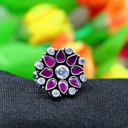 Tribal Ornaments handmade 925 sterling silver ring with cubic zirconia and red stone, adjustable for all sizes, stylish and fashionable.