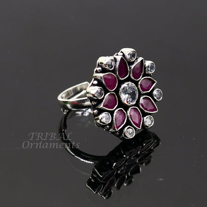 Sterling silver handmade cubic zirconia and red stone adjustable ring from TRIBAL ORNAMENTS, stylish and perfect for gifting.