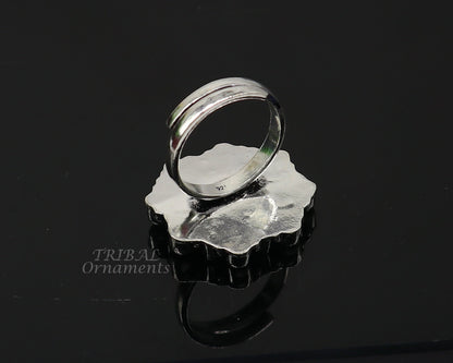 Tribal Ornaments handmade sterling silver ring with cubic zirconia and red stone, adjustable, stylish jewelry for women.