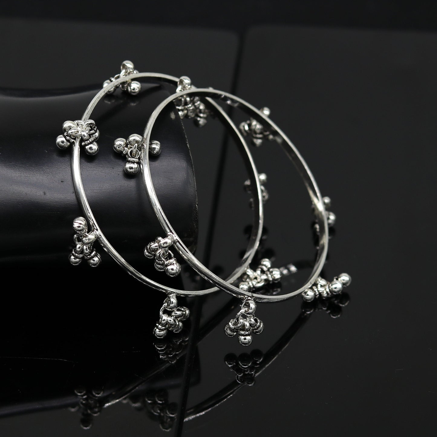 925 sterling silver handmade customized excellent hanging bells bridesmaid bangle bracelet kada , wedding personalized gifting jewelry ba90 - TRIBAL ORNAMENTS