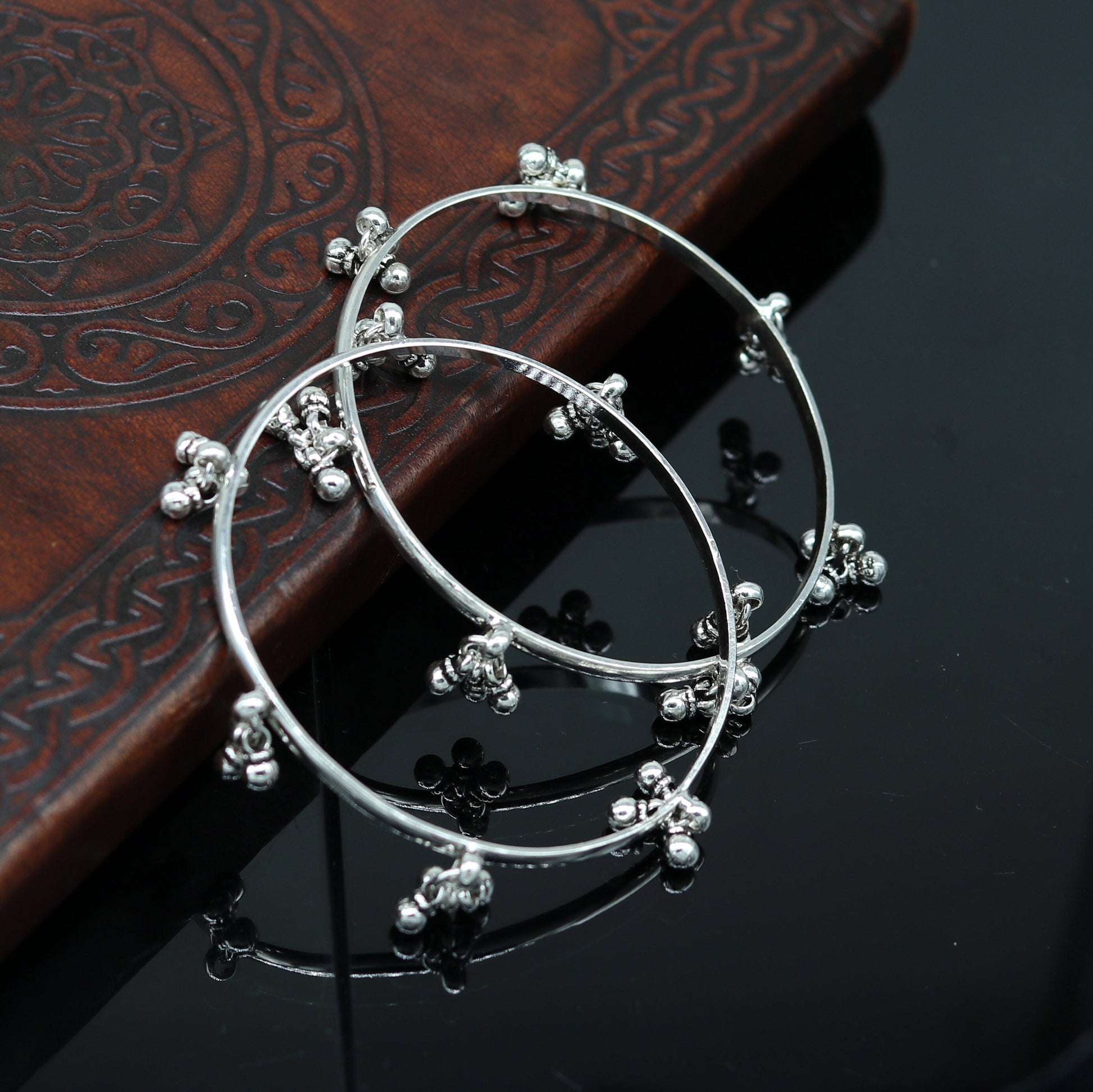 925 sterling silver handmade customized excellent hanging bells bridesmaid bangle bracelet kada , wedding personalized gifting jewelry ba90 - TRIBAL ORNAMENTS