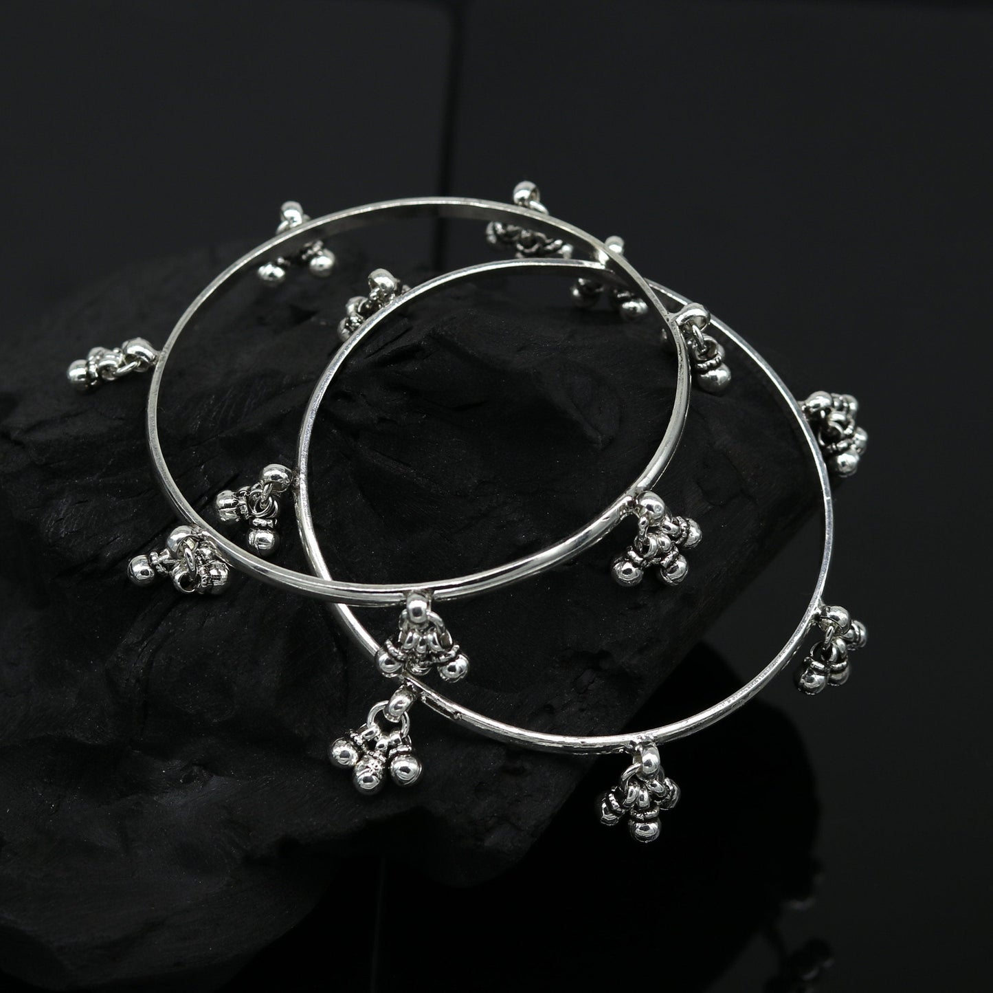 925 sterling silver handmade customized excellent hanging bells bridesmaid bangle bracelet kada , wedding personalized gifting jewelry ba90 - TRIBAL ORNAMENTS