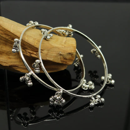 Sterling silver bridesmaid bangle bracelet with hanging bells, personalized wedding jewelry by TRIBAL ORNAMENTS.