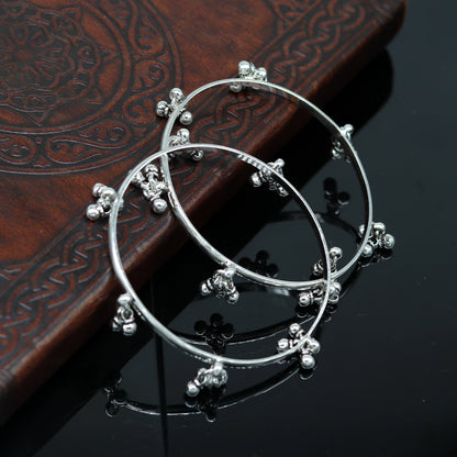 Sterling silver handmade bridesmaid bangle bracelet with hanging bells, customized wedding jewelry by TRIBAL ORNAMENTS.