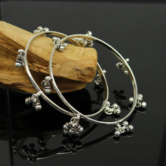925 sterling silver handmade customized excellent hanging bells bridesmaid bangle bracelet kada , wedding personalized gifting jewelry ba91 - TRIBAL ORNAMENTS