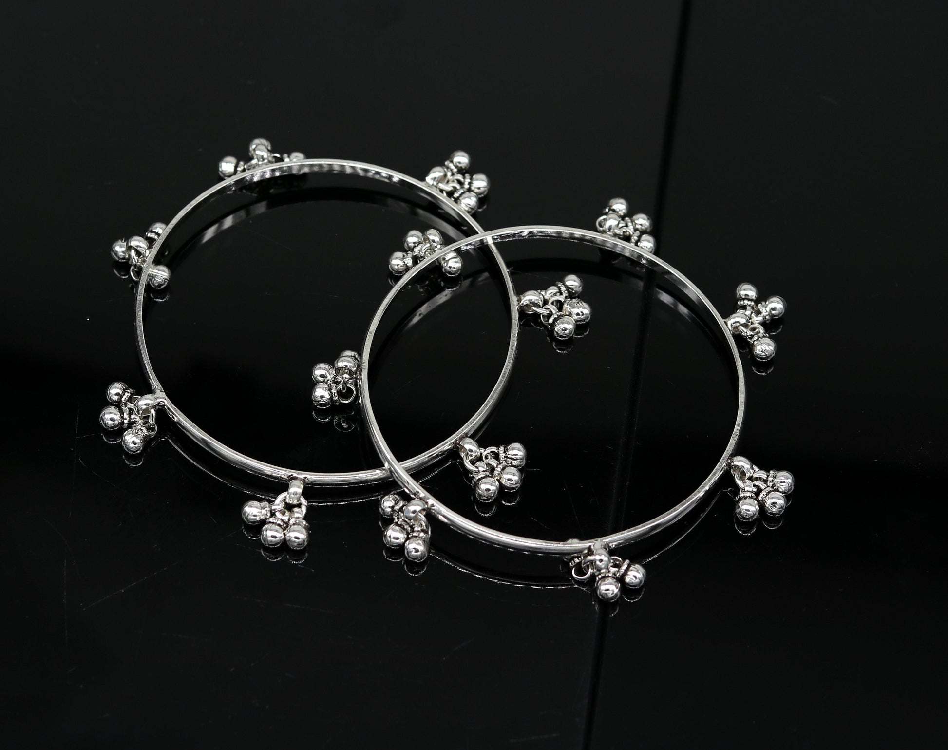 925 sterling silver handmade customized excellent hanging bells bridesmaid bangle bracelet kada , wedding personalized gifting jewelry ba91 - TRIBAL ORNAMENTS