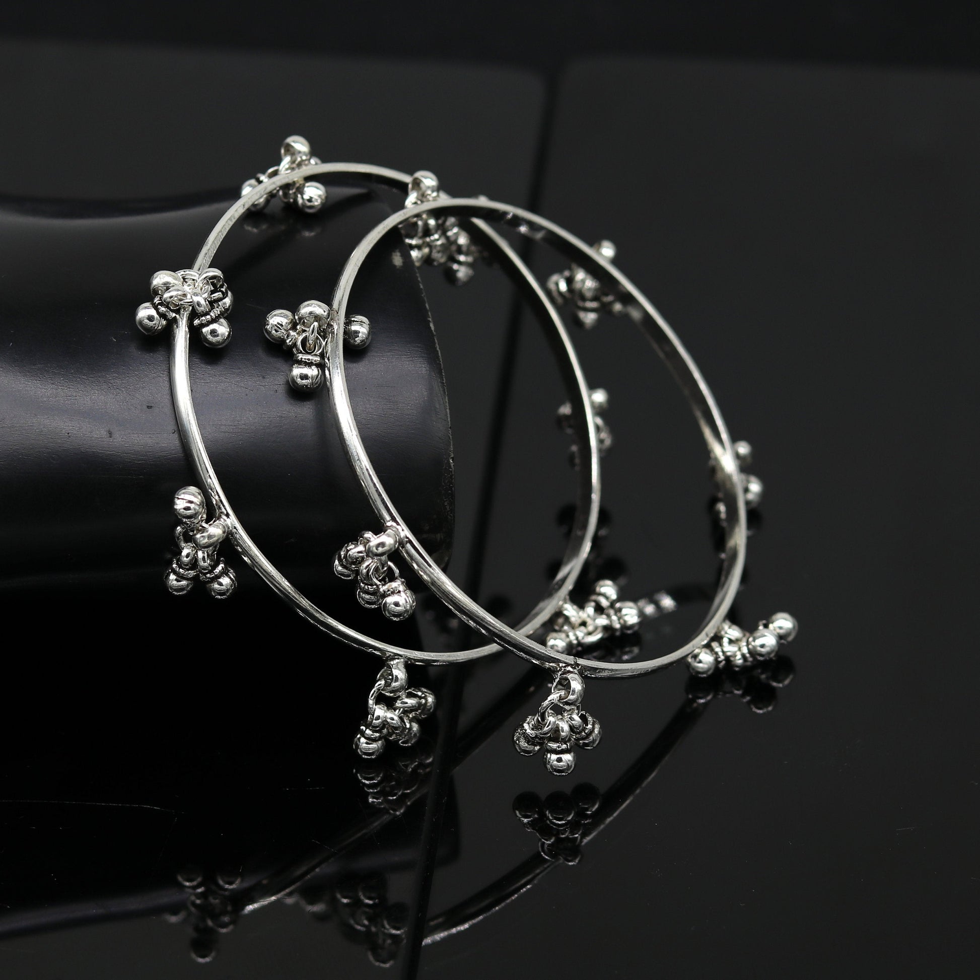 925 sterling silver handmade customized excellent hanging bells bridesmaid bangle bracelet kada , wedding personalized gifting jewelry ba91 - TRIBAL ORNAMENTS