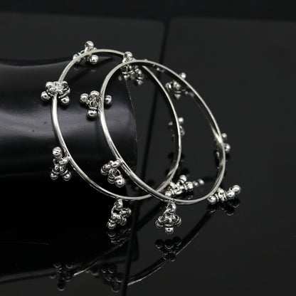 Sterling silver handmade bridesmaid bangle bracelet with hanging bells, personalized wedding jewelry by TRIBAL ORNAMENTS.