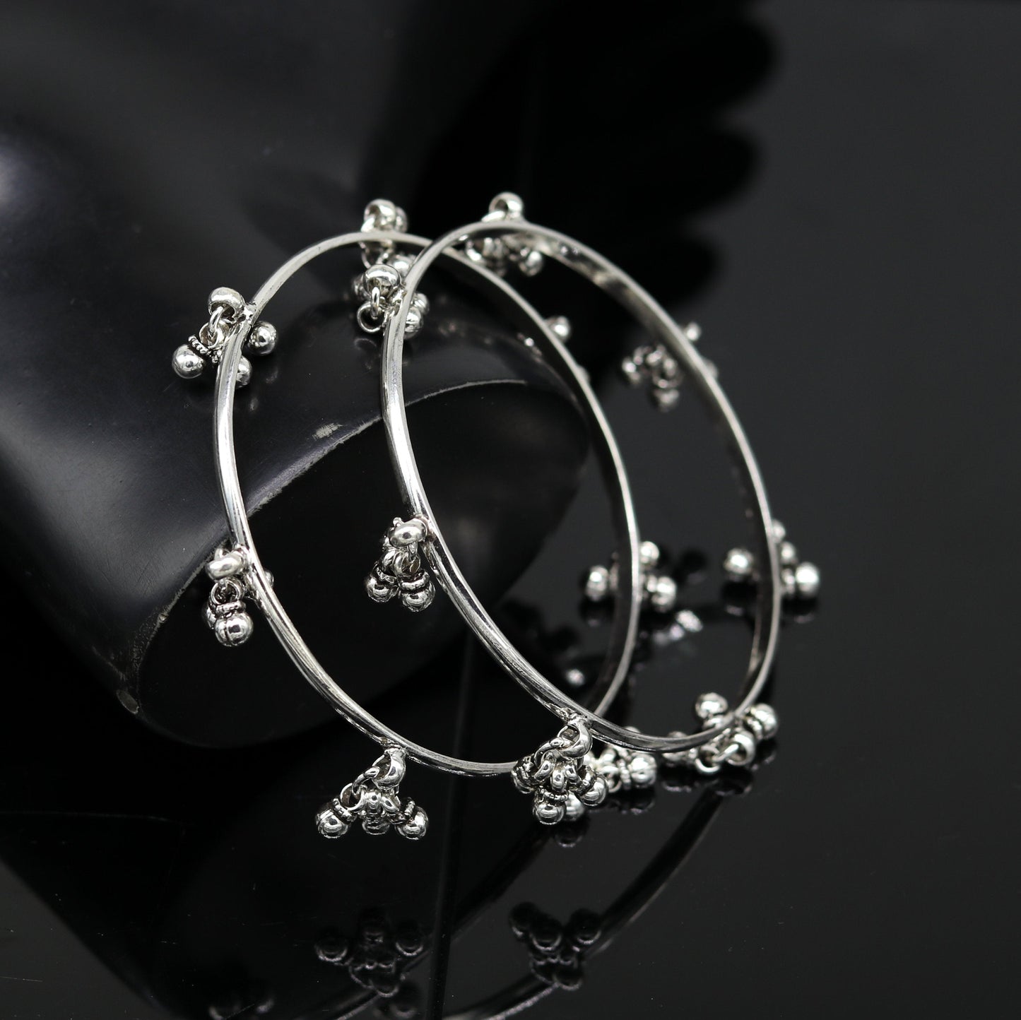 925 sterling silver handmade customized excellent hanging bells bridesmaid bangle bracelet kada , wedding personalized gifting jewelry ba91 - TRIBAL ORNAMENTS