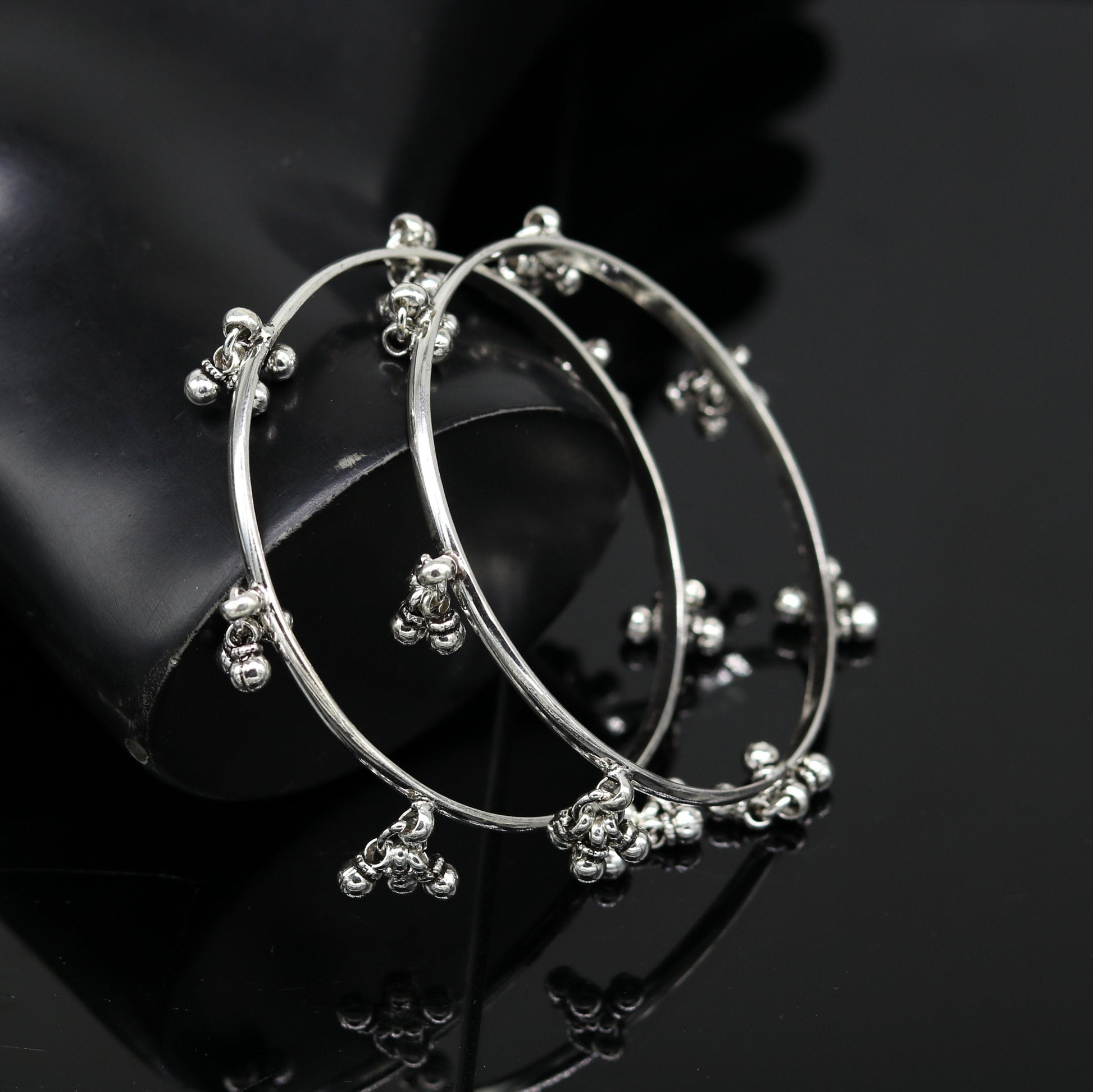 925 sterling silver handmade customized excellent hanging bells bridesmaid bangle bracelet kada , wedding personalized gifting jewelry ba91 - TRIBAL ORNAMENTS