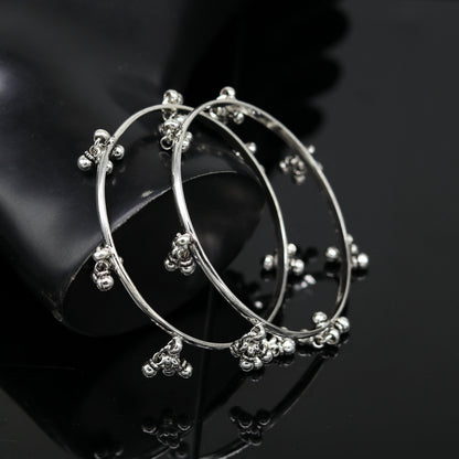 Sterling silver handmade bridesmaid bangle bracelet with hanging bells, personalized wedding jewelry by Tribal Ornaments.