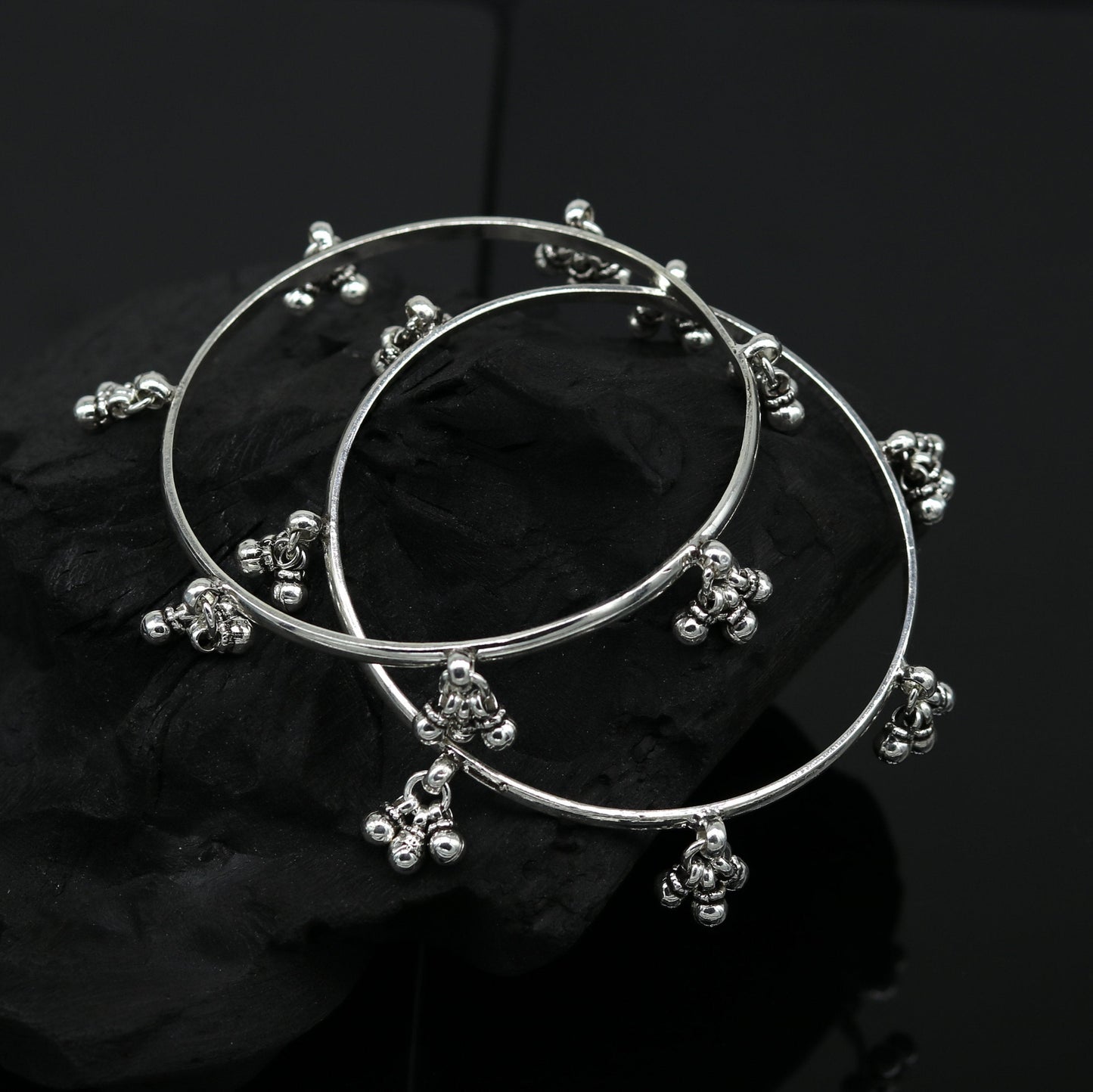 925 sterling silver handmade customized excellent hanging bells bridesmaid bangle bracelet kada , wedding personalized gifting jewelry ba91 - TRIBAL ORNAMENTS