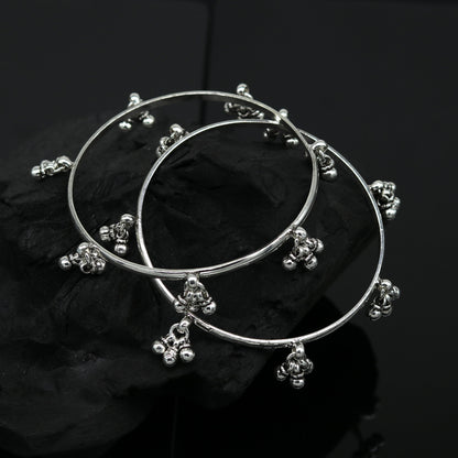 Sterling silver handmade bridesmaid bangle bracelet with hanging bells, personalized wedding gift jewelry by TRIBAL ORNAMENTS.