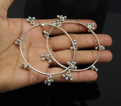 925 sterling silver handmade bridesmaid bangle with hanging bells, customized wedding jewelry bracelet by TRIBAL ORNAMENTS.