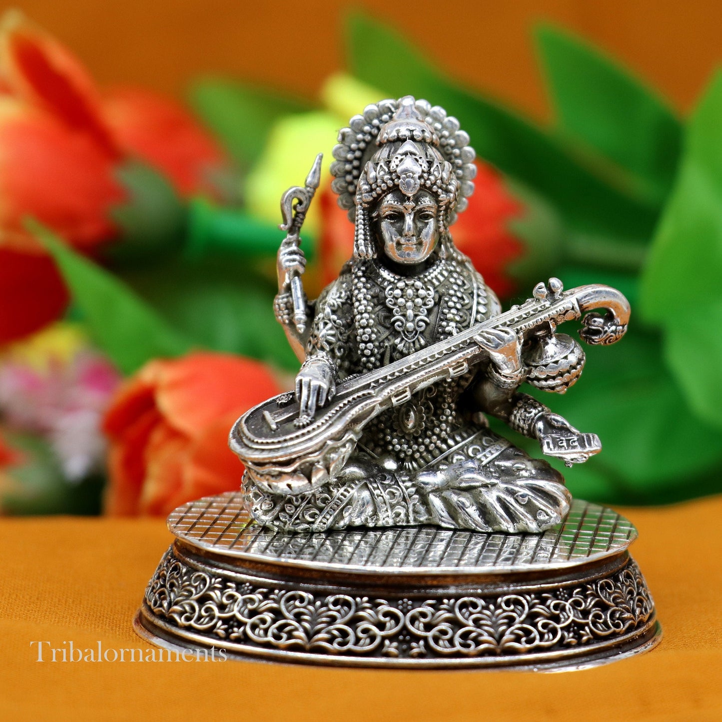 925 Sterling silver handmade customized Hindu idol Saraswati  sharda maa statue, puja article figurine,Diwali puja gift Articles art219 - TRIBAL ORNAMENTS