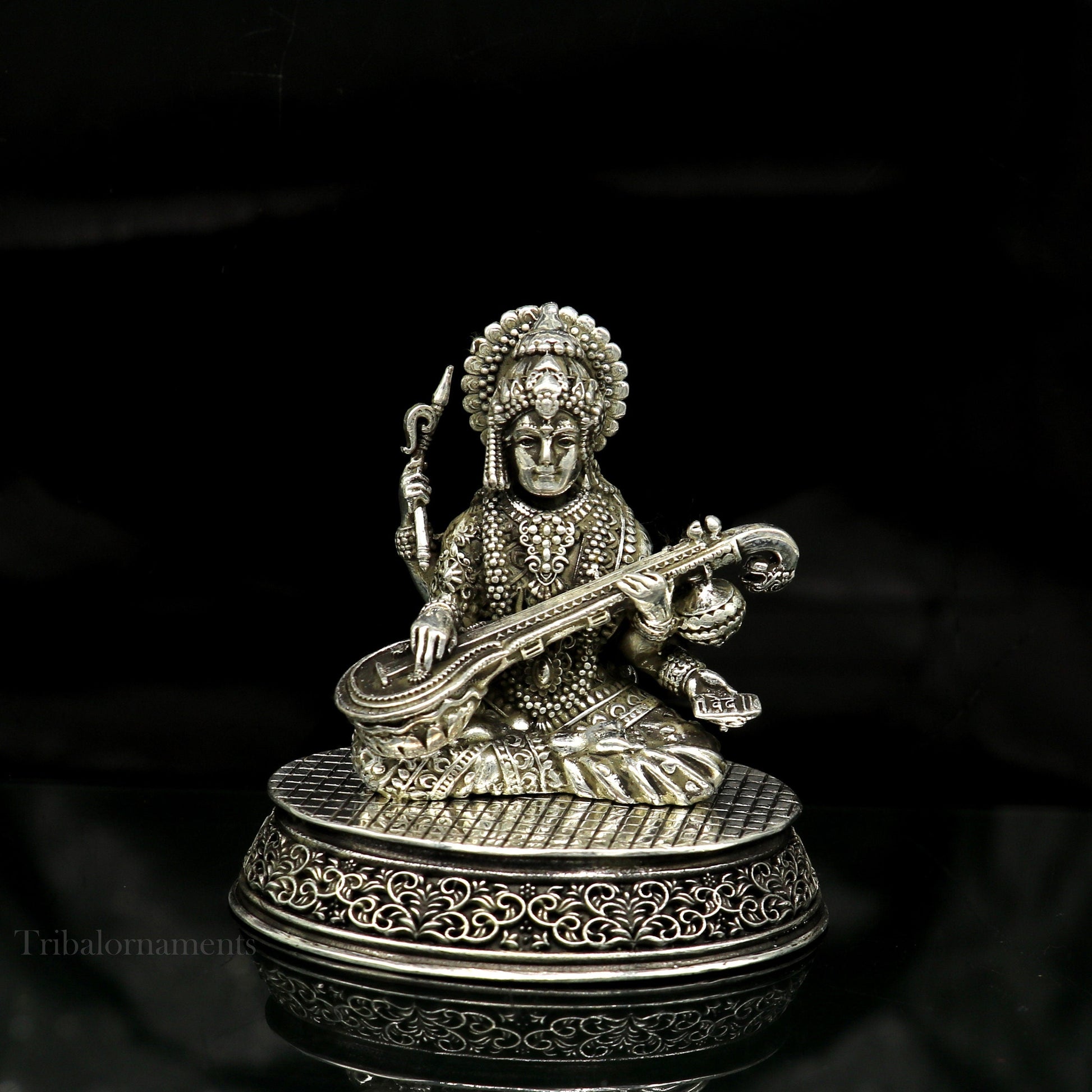 925 Sterling silver handmade customized Hindu idol Saraswati  sharda maa statue, puja article figurine,Diwali puja gift Articles art219 - TRIBAL ORNAMENTS
