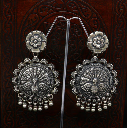 925 sterling silver handmade customized peacock design stud earring, hanging drops pearl, drop dangle wedding brides gift earring ear515 - TRIBAL ORNAMENTS