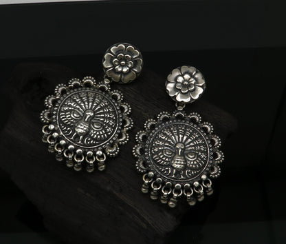925 sterling silver handmade customized peacock design stud earring, hanging drops pearl, drop dangle wedding brides gift earring ear515 - TRIBAL ORNAMENTS