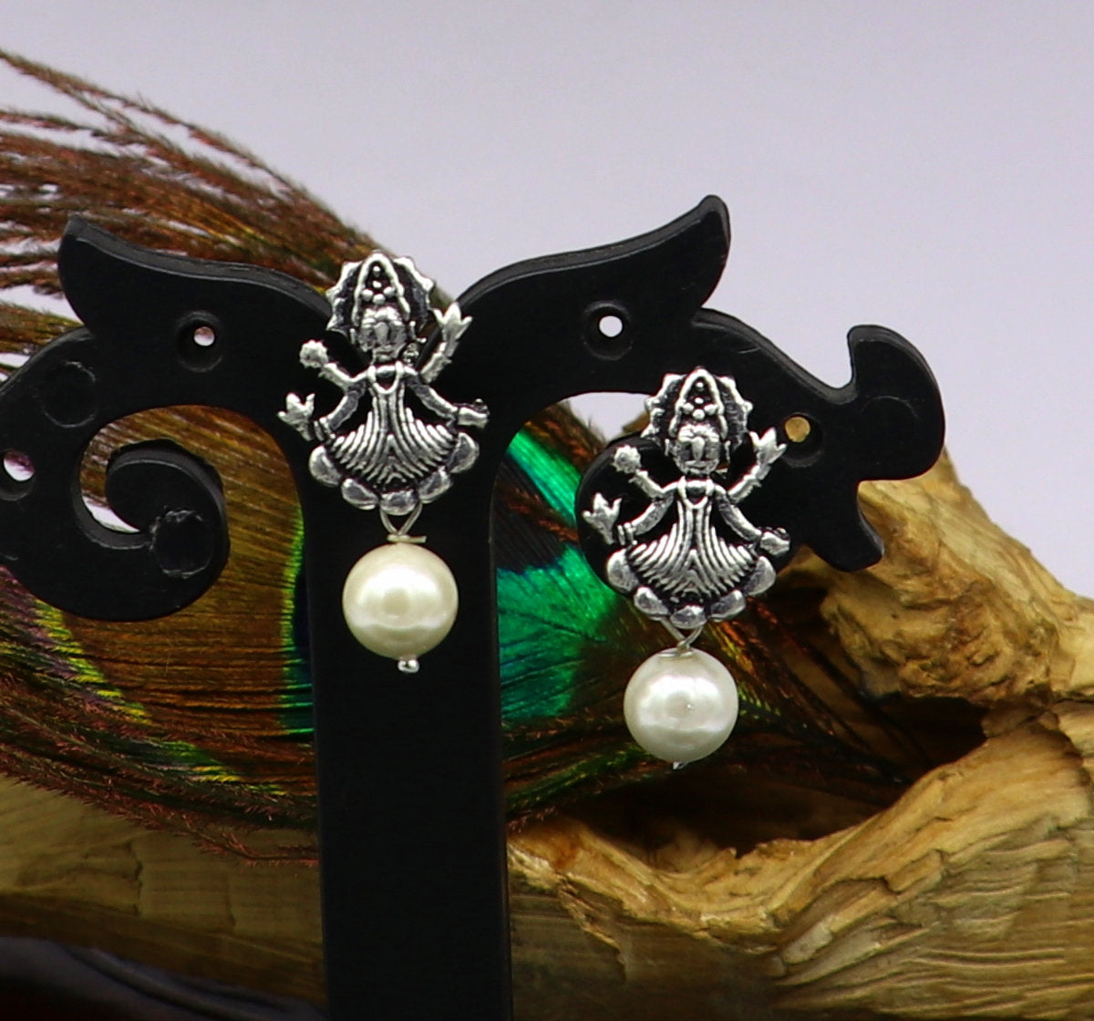 Sterling silver tribal deity goddess stud earring with dangling mother of pearl, handmade by Tribal Ornaments, designed for a unique look.