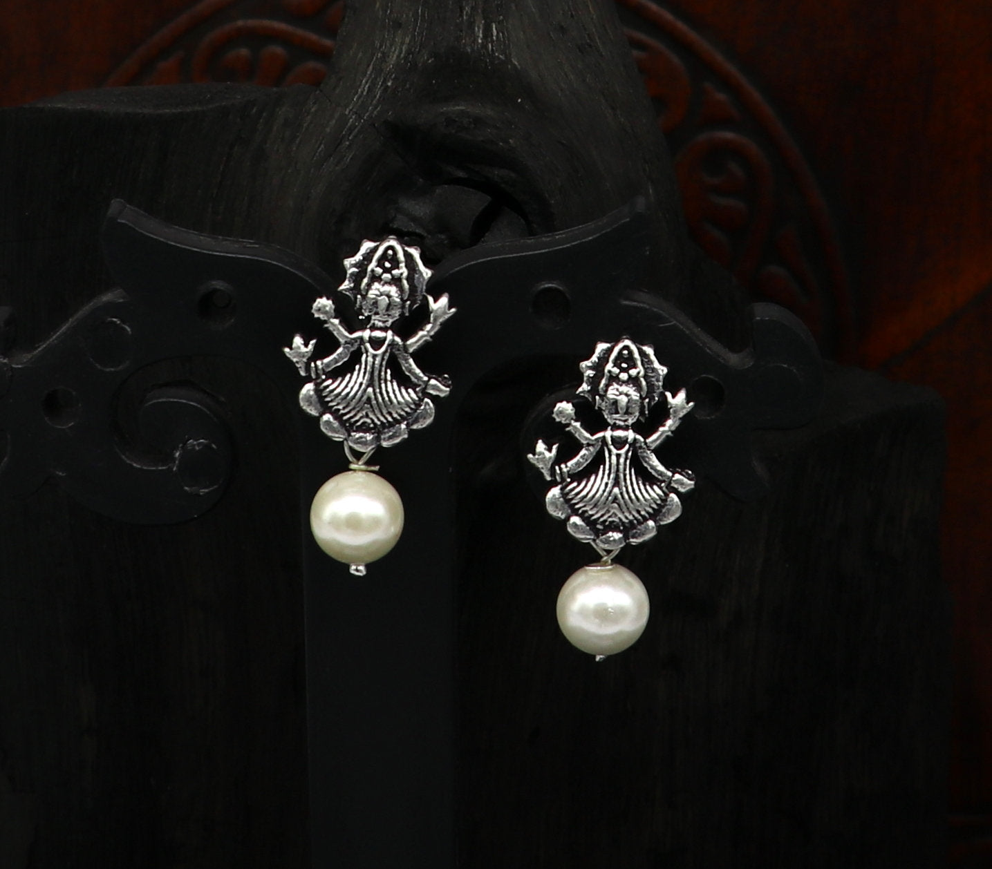 Handmade 925 sterling silver tribal deity goddess style stud earring with dangling mother of pearl, designed by TRIBAL ORNAMENTS.