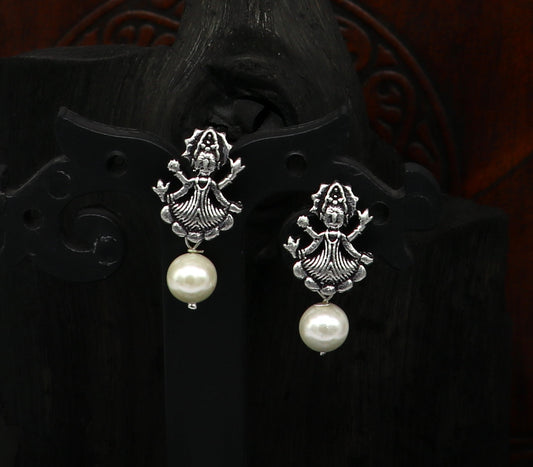 Handmade 925 sterling silver tribal deity goddess style stud earring with dangling mother of pearl, designed by TRIBAL ORNAMENTS.